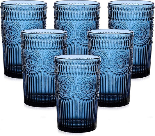 Vintage Glassware Drinking Glasses Set of 6,13 oz Blue Textured Flower Design Glass Water Tumblers，Embossed Striped Drinkware for Water,Cocktails,Juice,Iced Coffee
