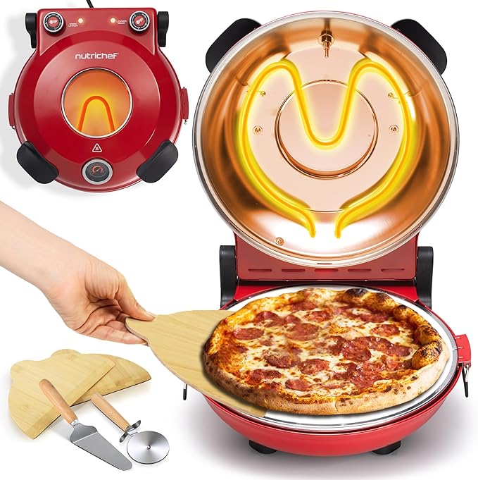 NutriChef Electric Pizza Oven | 1200W Countertop Pizza Maker with Temperature Control & Thermometer | Viewing Window for Precise Cooking | Heats up to 800˚F | Easy to Clean Non-Stick Coating | Red
