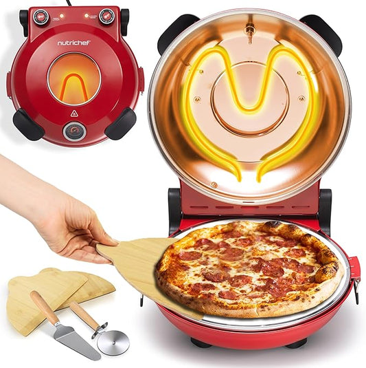 NutriChef Electric Pizza Oven | 1200W Countertop Pizza Maker with Temperature Control & Thermometer | Viewing Window for Precise Cooking | Heats up to 800˚F | Easy to Clean Non-Stick Coating | Red
