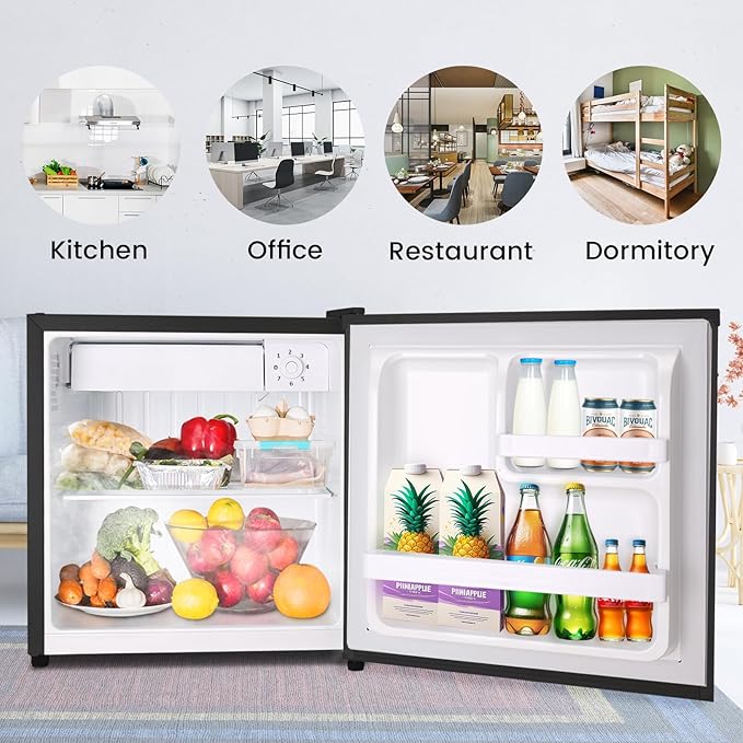 1.6 Cu.ft Mini Fridge with Freezer, Compact Refrigerator, Single Reversible Door, Ultra Quiet, Energy Efficient for Office, Dorm, Bedroom, Apartment, Black