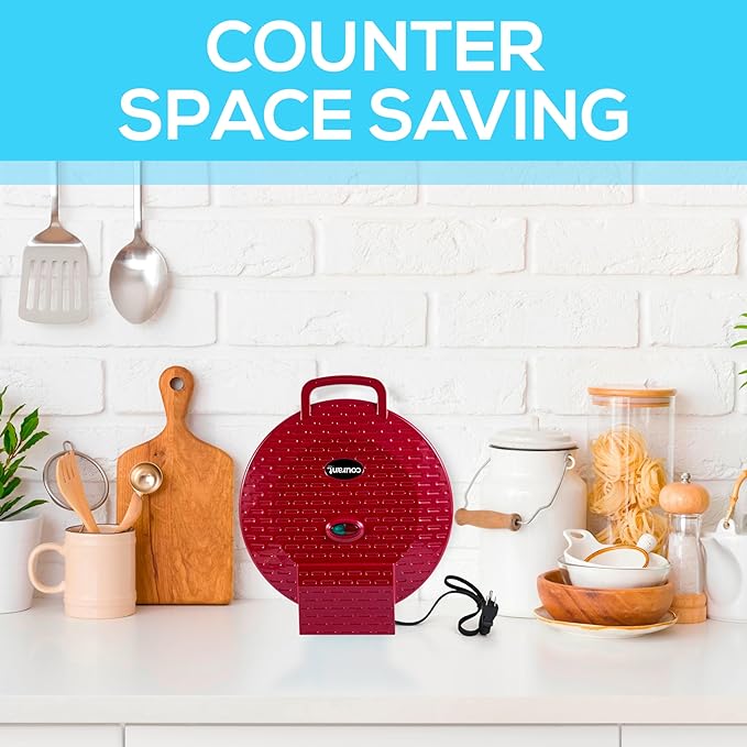 Courant Pizza Maker 12 inch Pizzas Machine, Newly improved Cool-touch Handle Non-Stick plates Pizza oven & CalzoneMaker, Electric Countertop Oven for Home or School, 12” Indoor Grill/Griddle, Red