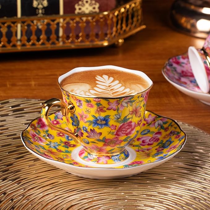 KAMMAK Tea Cups and Saucers Set of 2, Porcelain Coffee Cups with Saucer for Espresso, Cappuccino, 6.3oz Vintage Pink and Yellow Ceramic Demitasse Mug for Home, Tea Party, Office