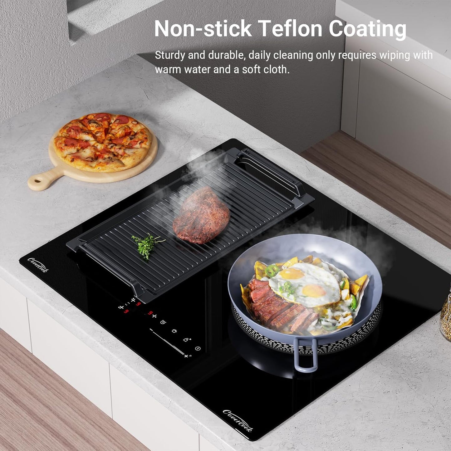 COVERCOOK Griddle Pan, Cast Iron Grill Hot Plate, Rectangular Grill, 2 handles with Ridged Surface for Induction Electric Cooktop，16 x 9inch