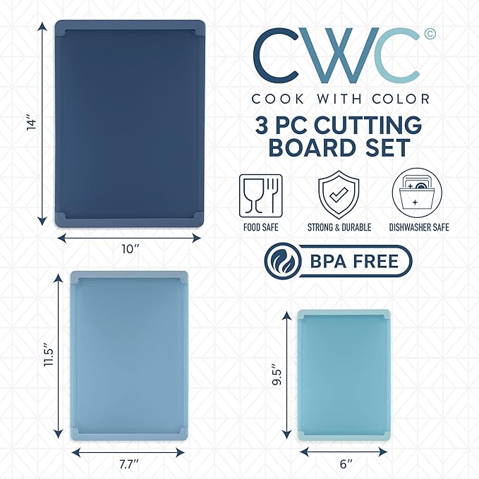 COOK WITH COLOR Extra Large Cutting Board Set, Jumbo-Sized Boards with Rubber Border for Enhanced Cooking Experience, 3-Piece, Blue