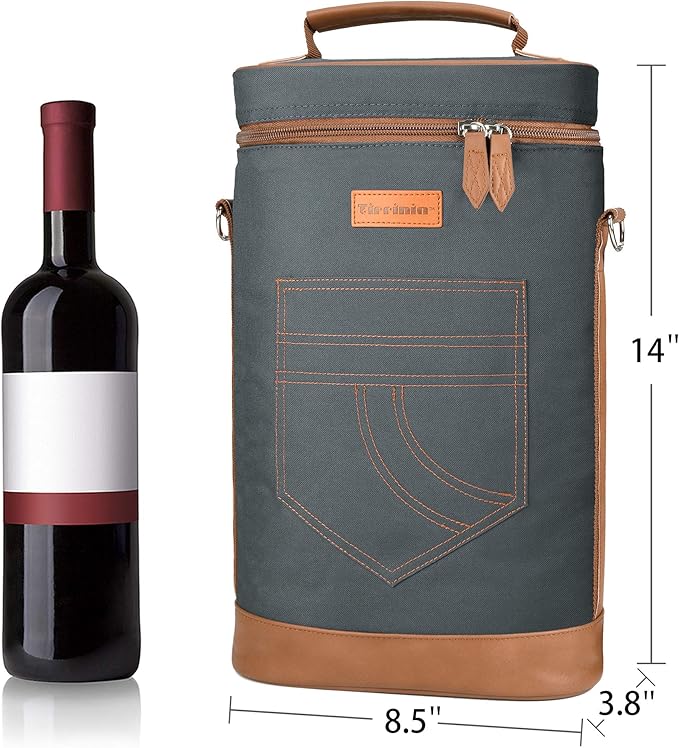 Tirrinia 2 Bottle Wine Gift Tote Carrier - Insulated & Padded Versatile Cooler Bag for Travel, BYOB Restaurant, Wine Tasting, Party, Great Gift for Wine Lover, Gray
