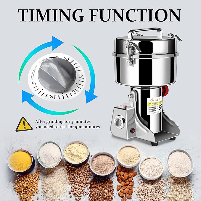 Grain Mill Grinder 2000g High Speed Food Grain Mill Stainless Steel Seeds Flour Nut Pill Wheat Corn Herbs Spices & Seasonings Dry Grinder Electric Machine Grinder for Kitchen