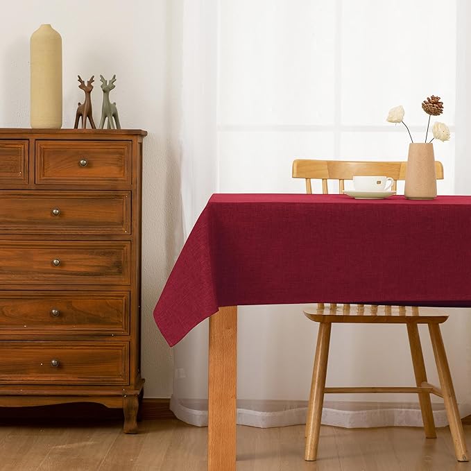 Hiasan Faux Linen Rectangle Tablecloth - Wrinkle and Stain Resistant Washable Table Cloth for Kitchen Dining Room Holiday Table Cover for Dinner, Red, 54 x 120 Inch