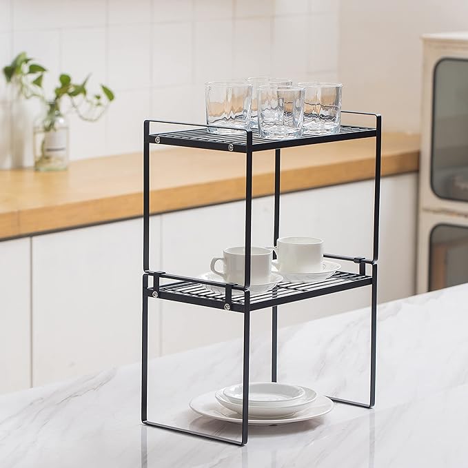 2Pack Kitchen Cabinet Shelf Counter Organizer Rack Pantry Storage Bathroom Bedroom Office Table Desk Space Saving Stackable Rust Resistant Non Slip Black Tall Wide L13.1in W10.6in H9.5in