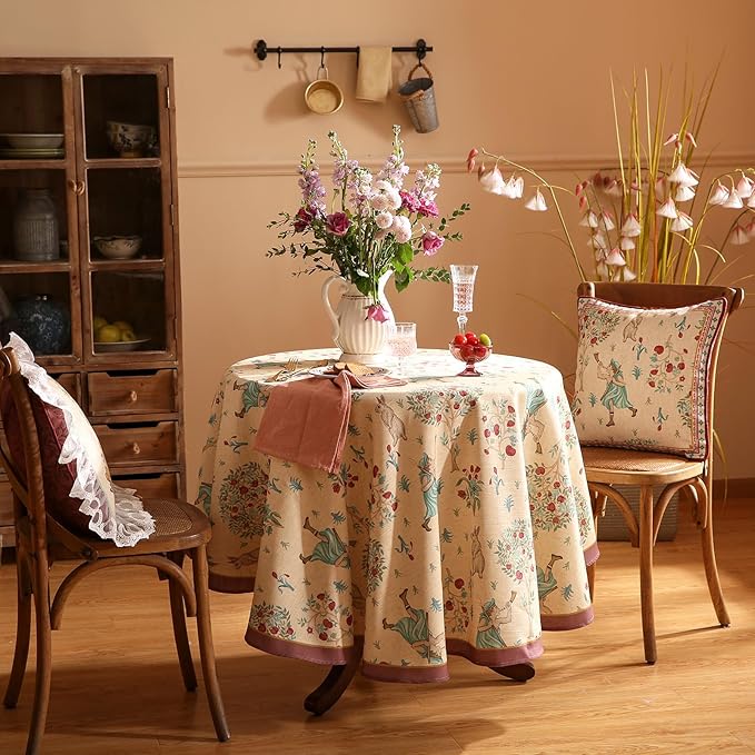 patdrea Designer Beige Tablecloth for Round Tables,Vintage Elegant French Linen with Trees and Kid Pattern Table Cloth,Farmhouse Table Cover Cloth Decor for Kitchen Dining Christmas,Diameter 67"