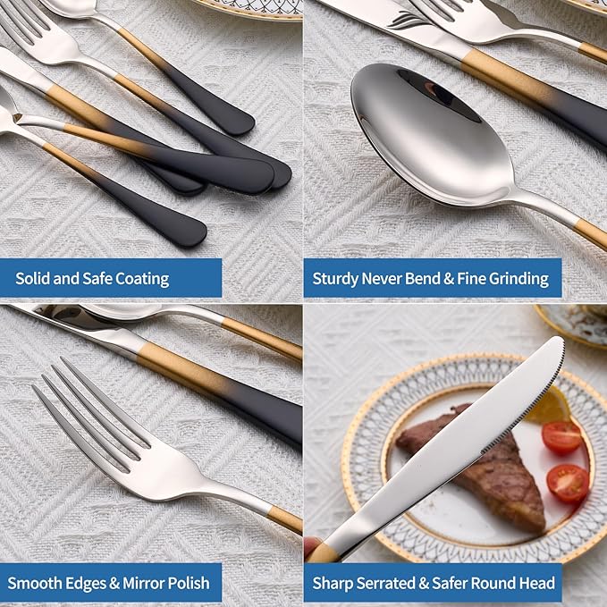 20-Piece Black Gold and Silverware Set, 18/0 Stainless Steel Colorful Handle Flatware Set,Service for 4,Modern Cutlery Set Includes Dinner Knives Forks Spoons,Mirror Polished,Dishwasher Safe