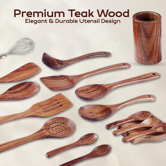 16 Pcs Teak Wooden Cooking Utensils Set – Premium Teak Wooden Utensil Set with Holder, Wooden Spoons for Cooking, Spatulas & Ladle – Durable Kitchen Utensils for Everyday Use - Cooking Utensils Set