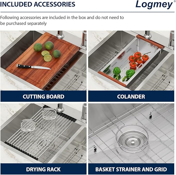 Logmey 33 Inch Double Bowl Kitchen Sink Drop In Kitchen Sinks Workstation 33x22x9 Inch 50/50 Stainless Steel 16 Gauge Handmade Topmount Sink