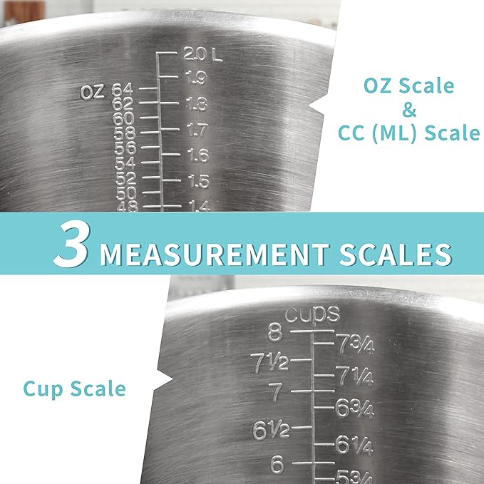 Measuring Cup, [Upgraded, 3 Measurement Scales, Including Cup Scale, ML Scale, Ounce Scale], Newness Stainless Steel Measuring Cup with Marking with Handle, 64 Ounces (2.0 Liter, 8 Cup)