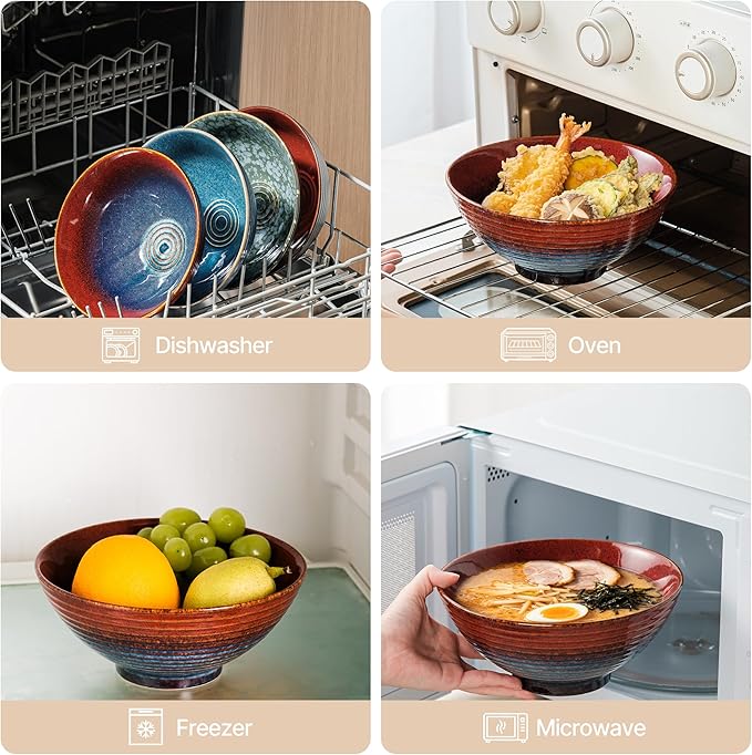 8 Inch Ceramic Ramen Bowl Set of 2, 40oz Japanese Bowls with Spoons & Chopsticks,Durable,Microwave & Dishwasher Safe,Perfect for Ramen,Pho,Salad,Soup,Noodles，Mixing bowls (Aurora Galaxy)