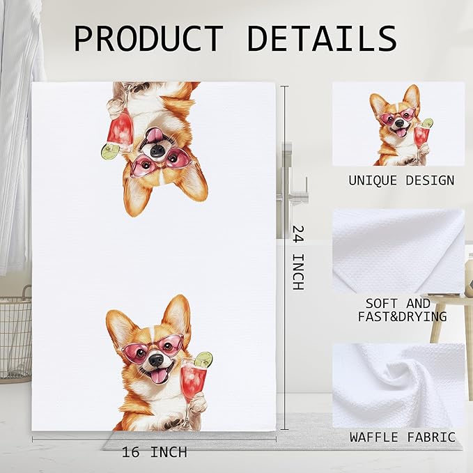 Cabana Bro Corgi Gifts Kitchen Towels, Corgi Gifts for Women Dog Lovers Decorative Hand Towels for Bathroom, Funny Dog Puppy Getting Drunk Cocktail Dish Tea Towels for Kitchen, 16x24 Inch