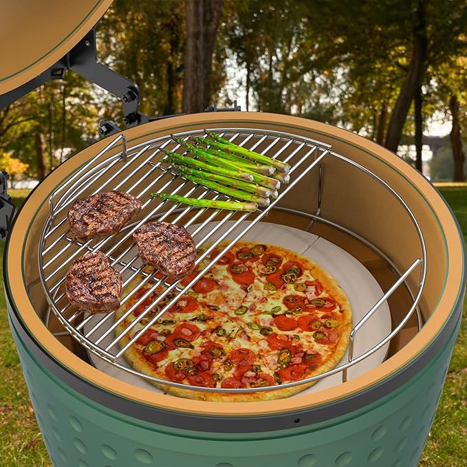 15In Cooking Stone for Kamado Joe Classic I, II & III, Baking Stone Pizza 2-Pack Half-Moon Ceramic Heat Deflector for Big Green Egg Large Eggspander and ConvEGGtor