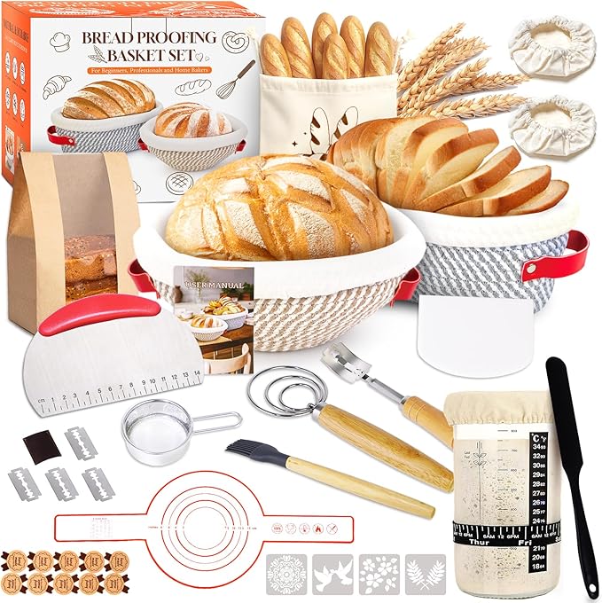 Sourdough Bread Baking Supplies Kit, 10" Oval & 9" Round Bread Proofing Basket Set Jar Scraper Scoring Lame Brush Short Danish Whisk, Sourdough Starter Kit Gift for Bread Making (Oval & Round & Jar)