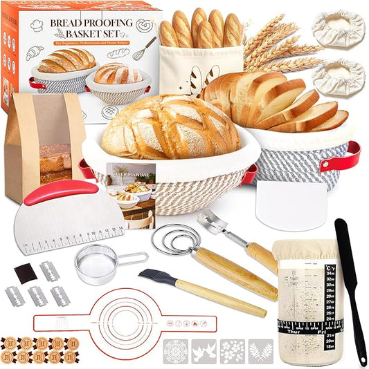 Sourdough Bread Baking Supplies Kit, 10" Oval & 9" Round Bread Proofing Basket Set Jar Scraper Scoring Lame Brush Short Danish Whisk, Sourdough Starter Kit Gift for Bread Making (Oval & Round & Jar)