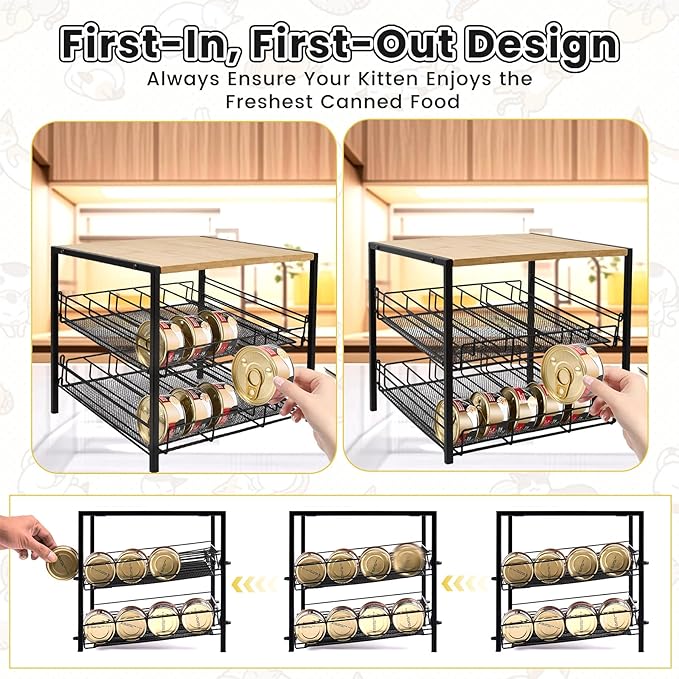 Bamboo & Iron Cat Food Organizer for Pantry, 2-Tier Can Stackable Storage Rack Holds 48 (3oz) Cans, Flat Top for Extra Storage, Automatic Slide-Down Perfect for Pet Food Cans