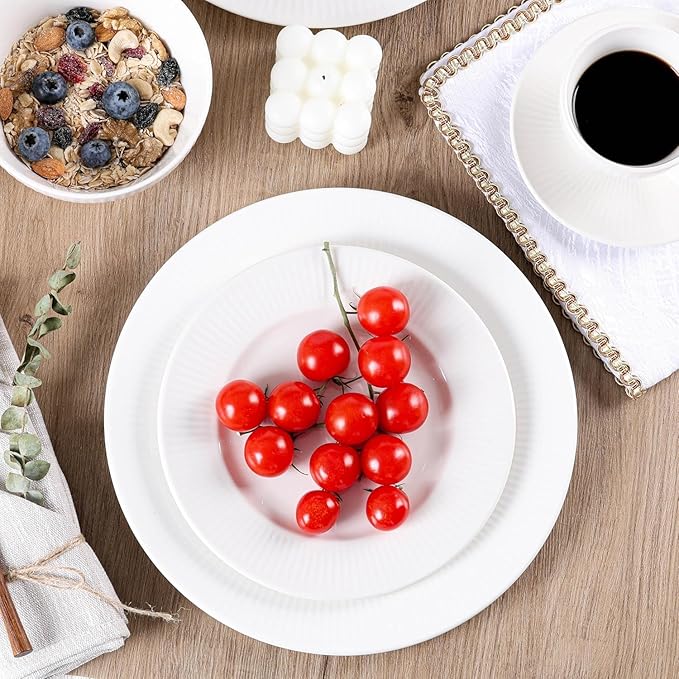 16 Pcs White Dinnerware Sets for 4, Ceramic Plates and Bowls Sets with Mugs, Dishwasher and Microwave Safe - Embossed Stripe Decro, Elegant Kitchen Dish Sets, QOMO-1996