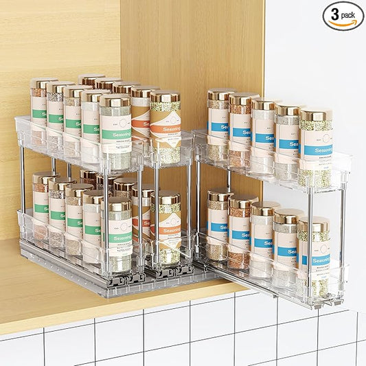 Pull Out Spice Rack Organizer for Cabinet, Slide Out Spice Racks Organizer, Easy to Install Spice Cabinet Organizers, 2.3''Wx10.35''Dx8.26''H, 3 Pack-2 Tier(Clear)