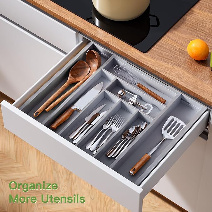 Pipishell Bamboo Expandable Drawer Organizer for Utensils Holder, Adjustable Cutlery Tray, Wood Drawer Dividers Organizer for Silverware, Flatware, Knives in Kitchen, Bedroom, Living Room(Grey)