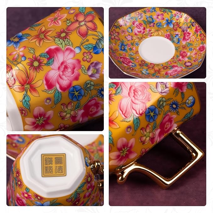 KAMMAK Tea Cups and Saucers Set of 2, Porcelain Coffee Cup with Saucer for Espresso, Cappuccino, 4.5oz Vintage Yellow and Blue Ceramic Demitasse Mug for Home, Tea Party, Office