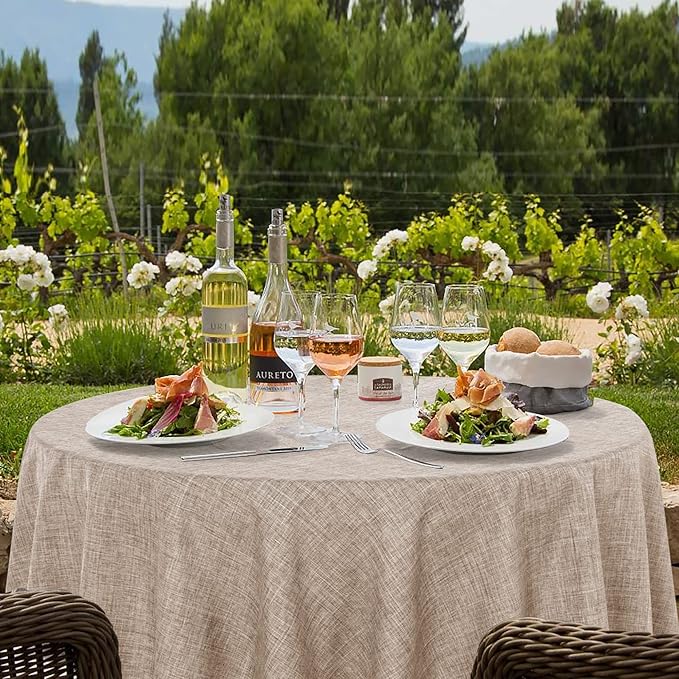 Fitable Faux Linen Round Tablecloths 60 Inches - 2 Pack Neutral Table Clothes Faux Burlap Table Covers for Kitchen, Dining, Party, Farmhouse, Picnic (Great for 20"-48" Round Tables, Nature)