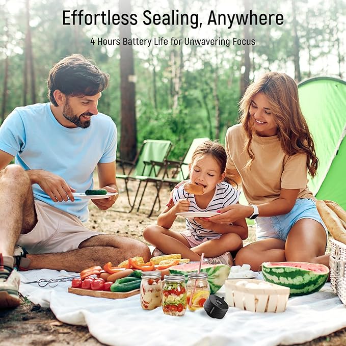 2nd Gen Electric Mason Jar Vacuum Sealer, 3-in-1 Auto-Stop Vacuum Sealer for Jars, Bags & Containers, 1H Fast Charge, 4H Battery Life, Up to 250 Seals, Mason Jar Sealer in 7s Easy One-Handed Operation