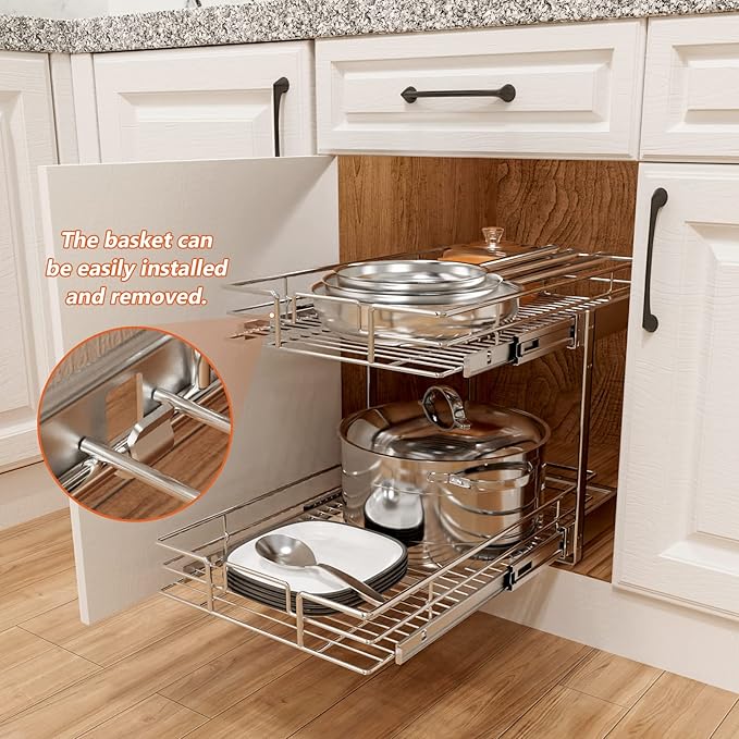 ROOMTEC Individual Pull Out Cabinet Organizer (15½" W x 21½" D), 2 Tier Spice Rack Organizer for Cabinet, Slide Out Drawer Pantry Shelf Organization and Storage for Kitchen Bathroom