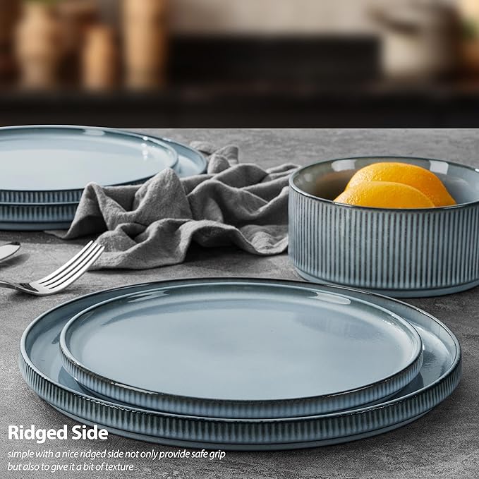 LIANYU Dinnerware Stoneware Sets with Pasta Bowls, 16 Piece Plates and Bowls Set for 4, Ribbed Dishes Set for Home, Microwave and Dishwasher Safe, Slate Blue