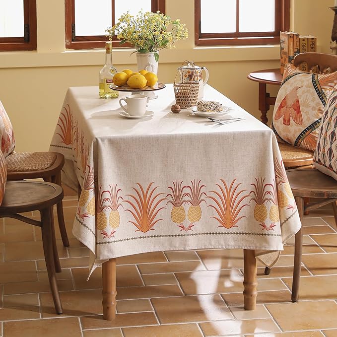 patdrea Designer Orange Tablecloth for Square Tables,Pineapple Tree Pattern Linen Tablecloth,Tropical Style Fruit Table Cover Cloth Decor for Kitchen Dining Christmas,67"*67"