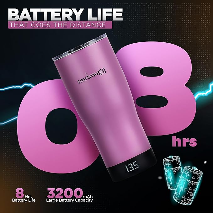 X Heated Coffee Mug 19 oz., 8 Hour Battery Life, Self-Heating, Adjustable Temp Controlled, LCD Screen, Includes Cover with Magnetic Slider (Black) (Lilac)