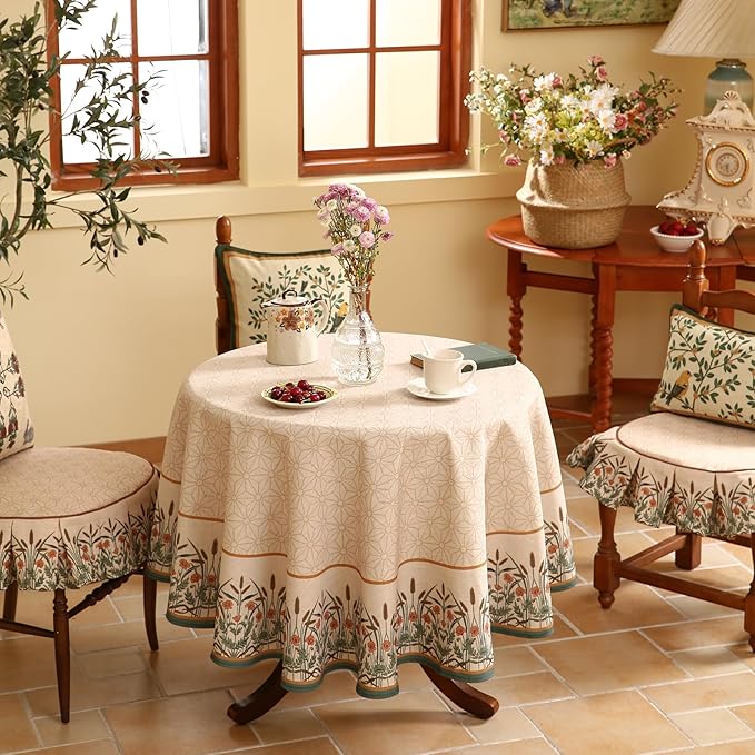 patdrea Designer Floral Linen Table Cloth Durable Breathable Tabletop Cover Dacorative Kitchen Dining Tablecloth for Round Tables for Kitchen Dining Parties,Holiday Christmas,Diameter 55"