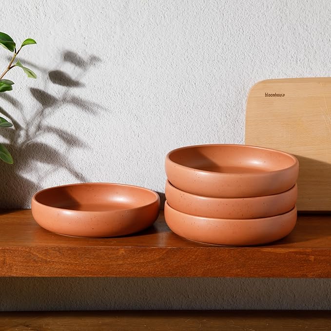 Bloomhouse - Two Time Oprah's Favorite Things Winner - Corsica Clay 4-Piece Dinner and Pasta Bowl Set – Burnt Apricot Terracotta Stoneware for Meals, Serving & Everyday Use