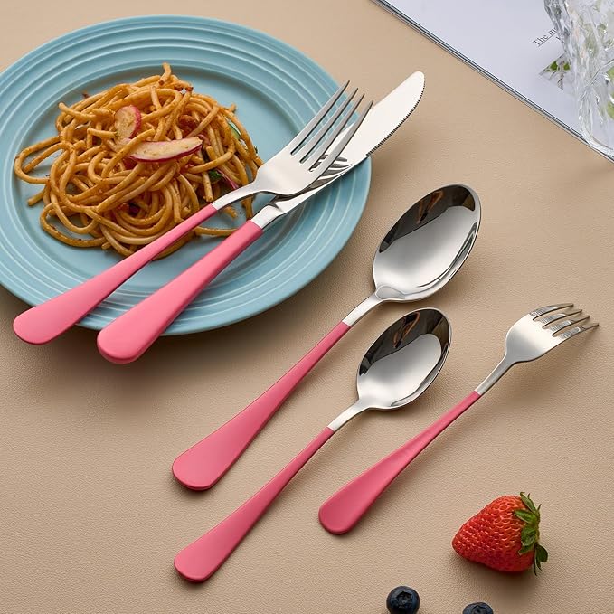 20-Piece Pink Silverware Set for 4, 18/0 Stainless Steel Flatware Cutlery Utensils Set, Include Dinner Knives,Dinner Forks,Dinner Spoons,Salad Forks,Teaspoons,Dishwasher Safe