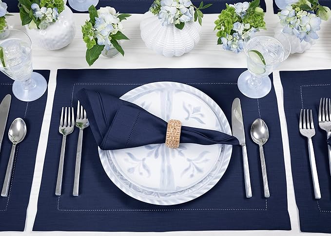 Solino Home Linen Cloth Placemats Set of 6-100% Pure Linen Hemstitch Navy Blue Placemats 14 x 19 Inch - Classic Hemstitch Table Place Mats for Thanksgiving, Christmas, Holiday, Winter