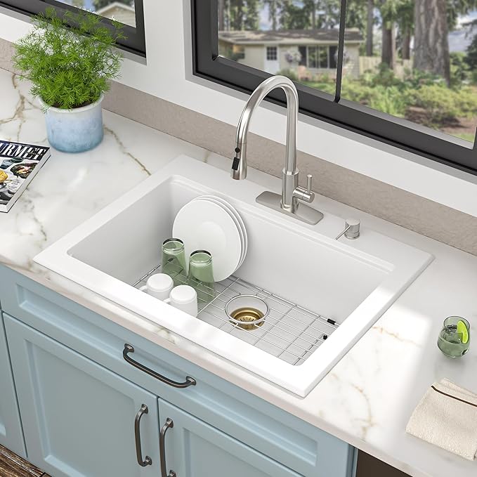 30"x22" Granite Composite Kitchen Sink – White Ledge Workstation Drop-In Topmount Granite Quartz Classic Single Bowl Sink Basin