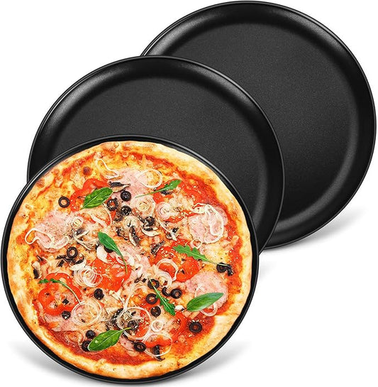 P&P CHEF 10 Inch Pizza Pan, 3 Pieces Stainless Steel Round Pizza Tray Dish Plate For Oven Baking Roasting, Healthy & Heavy Duty, Rust Free & Dishwasher Safe -Black