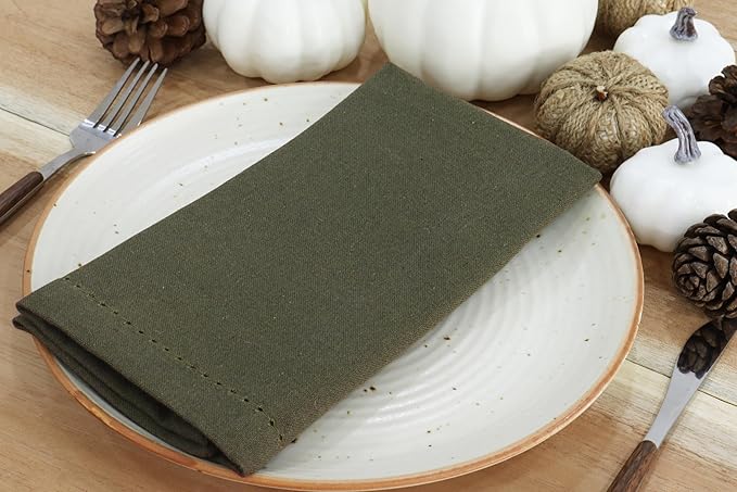 PurpleEssences Set of 6 Hemstitch Cloth Dinner Napkins 100% Cotton - Soft Durable Washable - Ideal for Wedding Christmas Holiday Winter - Perfect Everyday Use Table Linen 18x18 - Olive Green