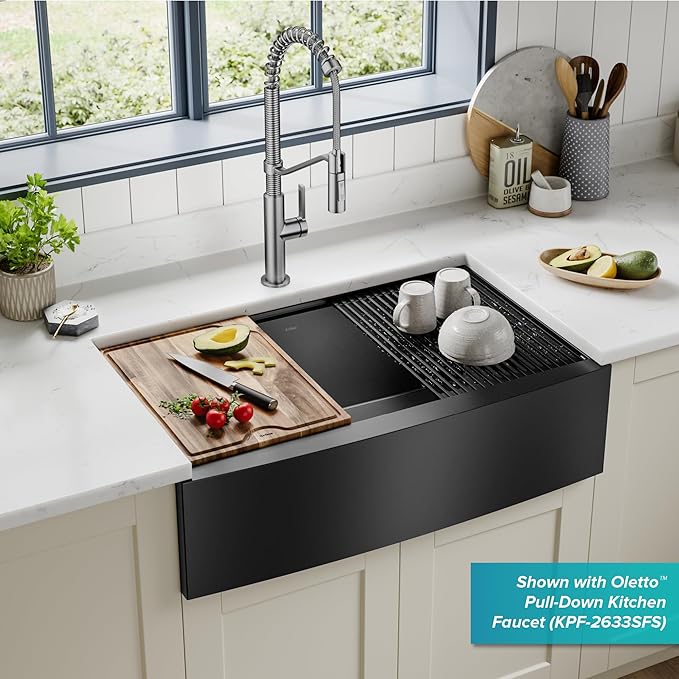 KRAUS Kore Workstation 33-inch Farmhouse Apron Front 16 Gauge Black Stainless Steel Single Bowl Kitchen Sink in PVD Gunmetal Finish with Accessories, KWF210-33/PGM