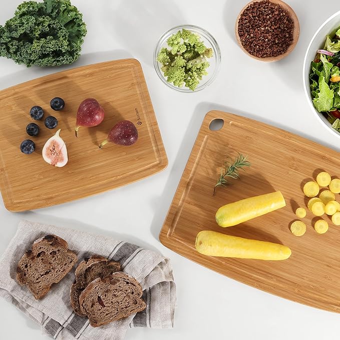 Lightweight Durable Bamboo Cutting Board Set with Non-Slip Feet, Wooden Cutting Boards for Busy Kitchen, Easy Storage & Clean Wooden Chopping Boards with Juice Groove Set of 2 (M+L)