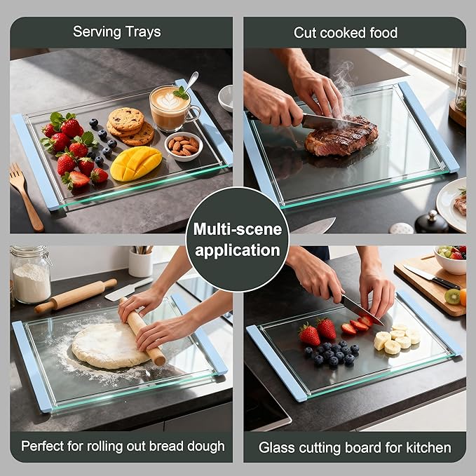 Tempered Glass Cutting Board Set for Kitchen Counter - Dishwasher Safe with Juice Grooves, Non-Slip Silicone Edges & Beveled Grip - 16"x12" & 12"x8" Serving Tray (Blue)
