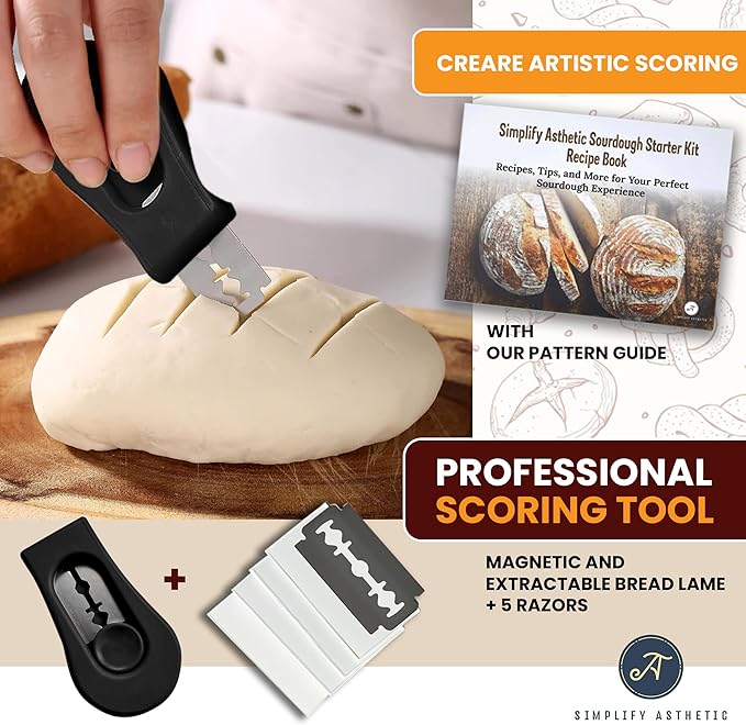 Sourdough Starter Kit with 35oz Jar, 2 Cotton Rope Proofing Baskets (9" round & 10" oval), Recipe Book,Thermometer, Bread Lame, Silicone Spatula & Bread Bag - Complete Sourdough Baking Supplies &Tools