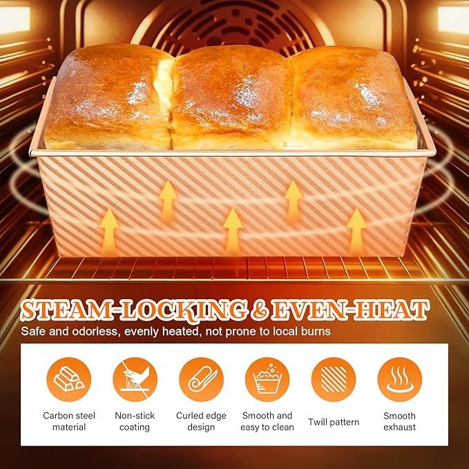 Pullman Loaf Pan Set with Lids – 2 Pack Nonstick Bread Pans for Baking, 2.2lb & 1lb Dough Capacity, Carbon Steel Sandwich Toast Mold for Shokupan, Pain de Mie & Sourdough with Baking Tools