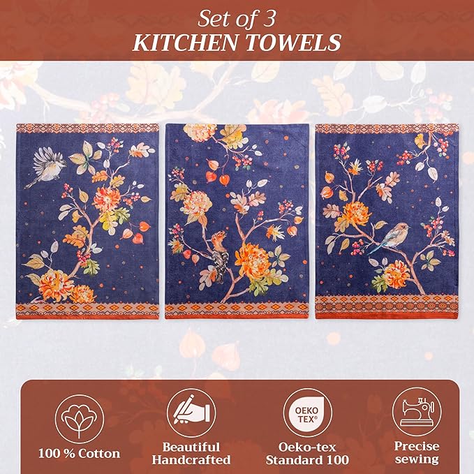 Maison d' Hermine Kitchen Towels Set of 3 100% Cotton 20" x 27.5" Reusable Cloth Tea Dish Towels Absorbent with Hanging Loop for Kitchen Dining Thanksgiving Christmas Decorations (Kelim - Infinity)