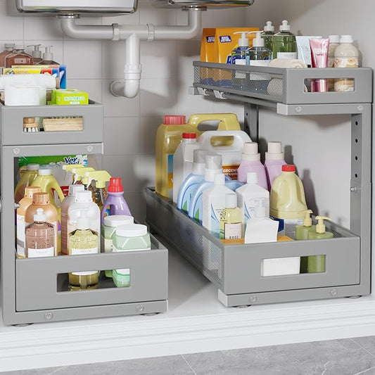 2 Pack 19IN Depth Under Sink Storage Organizer, Large 2-Tier Elegant Mesh Pull Out Shelf for Kitchen and Bathroom Cabinet Organization, L-Shaped and Adjustable Height Design-Gun Gray