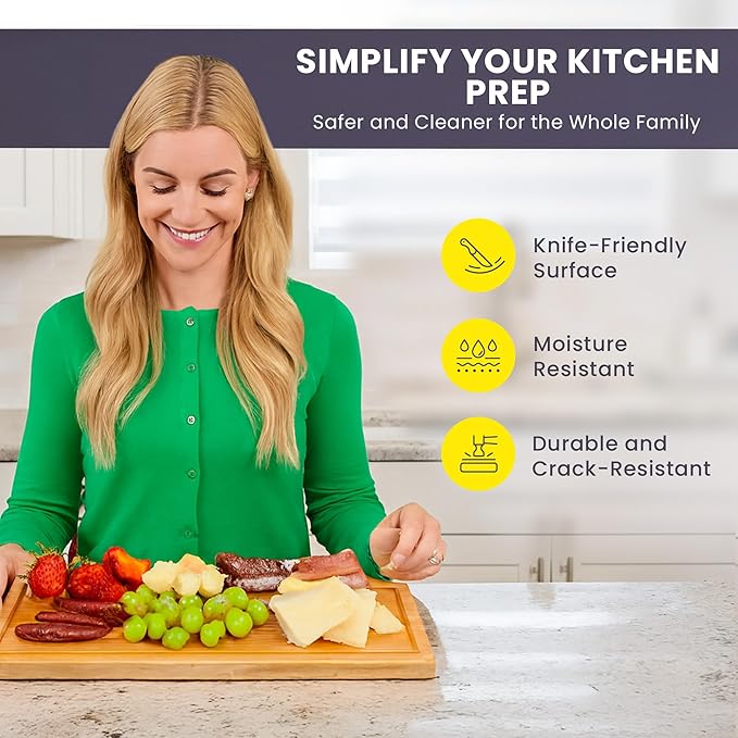 Bamboo Cutting Board – 15 Inch Wood Cutting Boards for Kitchen with Glue-Free Surface™ & Juice Groove – Non-Toxic, FSC-Certified, Durable Wooden Chopping Board - Rectangle