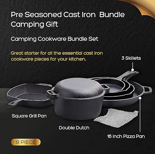 Bruntmor 8 Piece Cast Iron Cookware Set - Pre-Seasoned Pots and Pans Set with Cast Iron Skillets, Grill Pan, Dutch Oven, Pizza Pan, and Scrubber - Heavy Duty Cooking for Home Kitchen or Camping