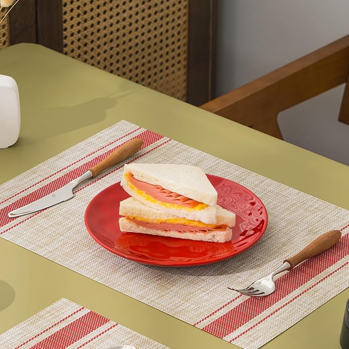 BACKTOEDEN Placemats Set of 6 Heat Resistant Washable Wipeable Placemat Woven Non-Slip Foldable Vinyl/Plastic Place Mats Indoor/Outdoor Mat Kitchen Dining Table Pad, Red Skyline